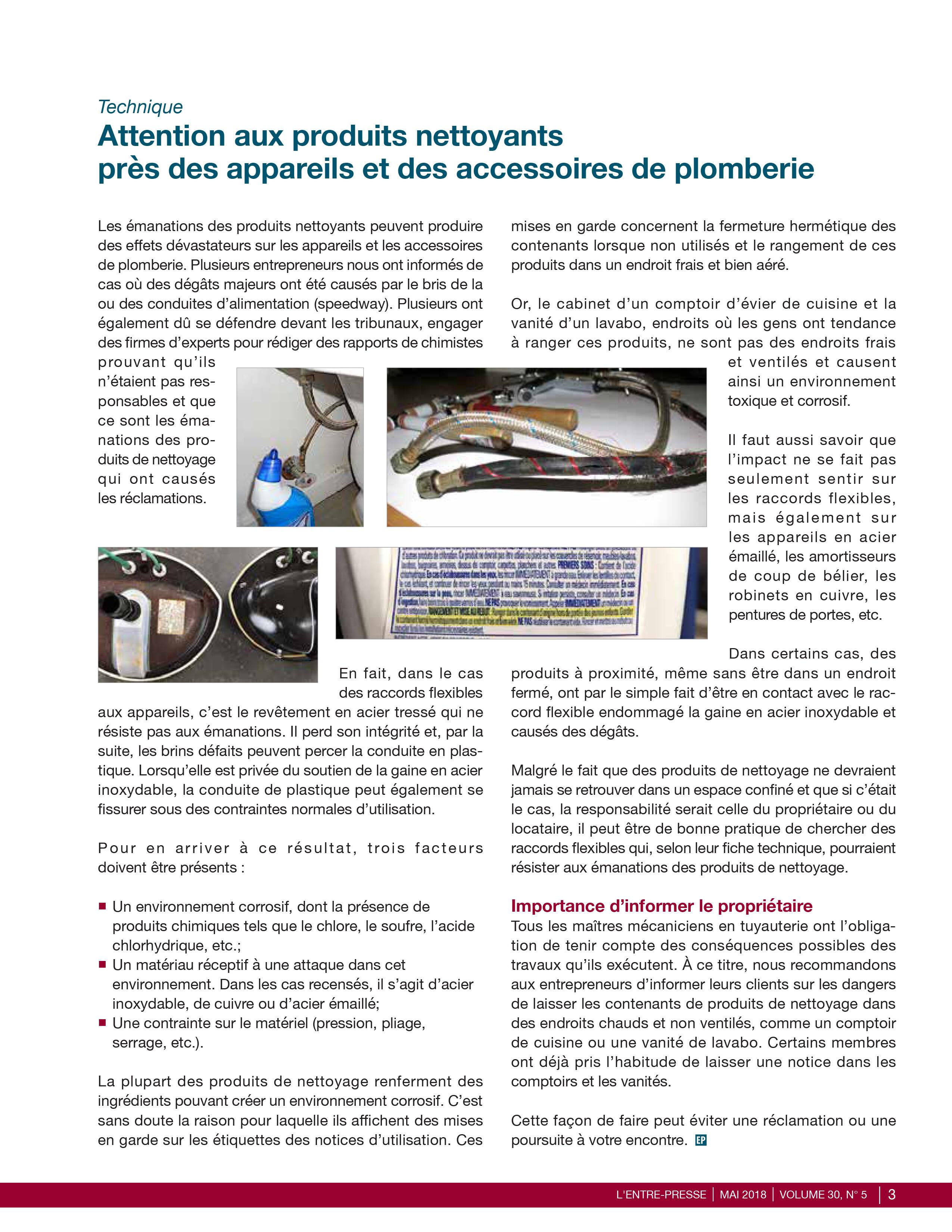 Attention aux produits nettoyants près des appareils et des accessoires de plomberie